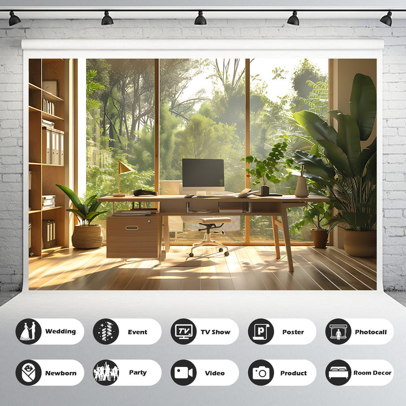 Office Background for Video Conference Modern Cozy Home Office Space Work Place Backdrop Sunlight Indoor Plants Tranquil Work Environment for Live Video Zoom Calls Studio Props Decor 10x8ft Warm Green