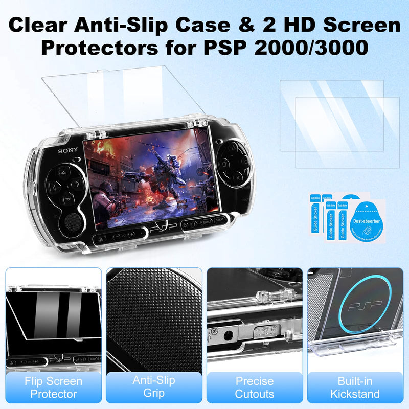 Jedaful 5-in-1 Accessories Bundle for Sony PSP 2000 3000, Hard EVA Travel Carrying Case, Anti-Slip Crystal Clear Hard Case, 2-pack HD PET screen protectors and Micro SD Adapter for Sony PSP
