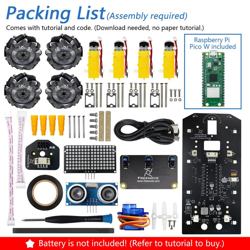Freenove Mecanum Wheel Car Kit for Raspberry Pi Pico W (Included) (Compatible with Arduino IDE), Dot Matrix Expressions, Obstacle Avoidance, Line Tracking, Light Tracing, Colorful Light, App Mecanum Wheels with Raspberry Pi Pico W