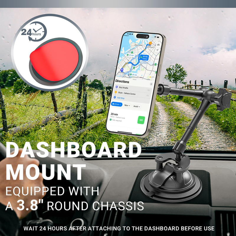 Vacuum Suction Cup Magnetic Phone Mount for Truck Windshield Dashboard, Fit for 4.7-11" Device, Heavy-Duty 360° Adjustable Metal Arm, Compatible with iPhone 16 15 14 Pro Max, iPad, Galaxy Tabs