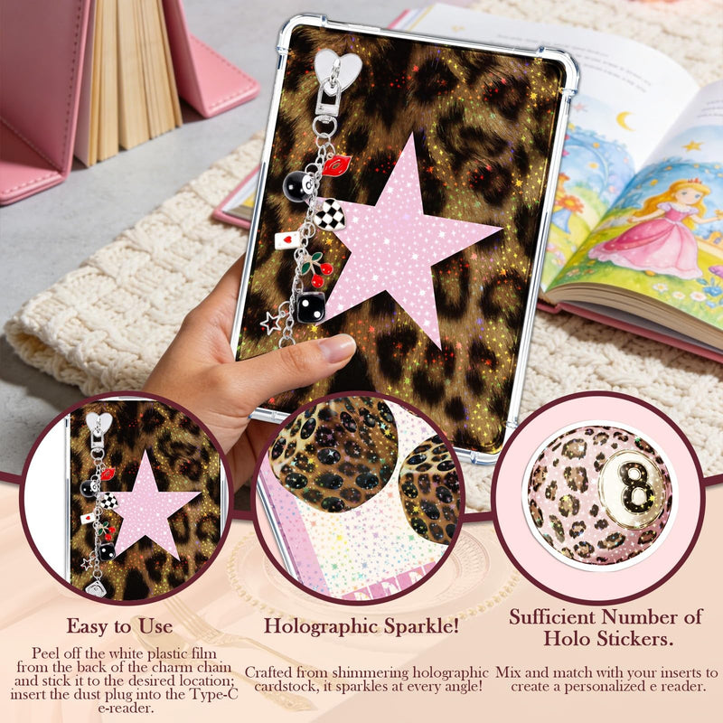 Rngmsi Insert Cardstock Charm for Kindle - 12Pcs Retro Cherry Leopard Print Cardstock Inserts Compatible with Kindle, Aesthetic Stickers Chain Charm with Hook Decorating Accessories for E-Reader
