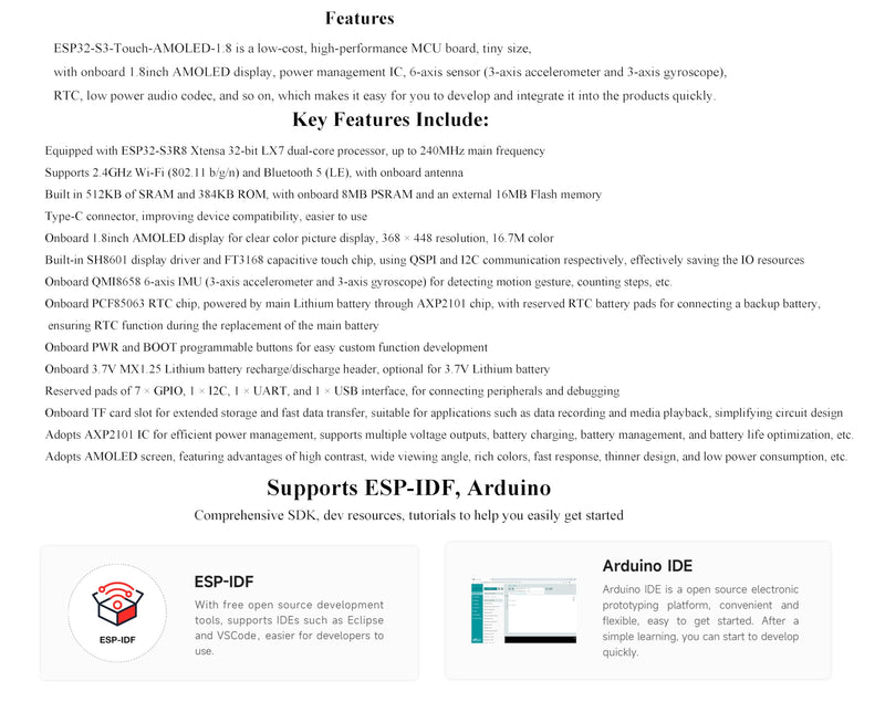 ESP32-S3 1.8inch AMOLED Touch Display Development Board, 32-bit LX7 Dual-Core Processor, 368×448 Pixels, Onboard Audio Codec, Support Offline Speech Recognition and AI Speech Interaction