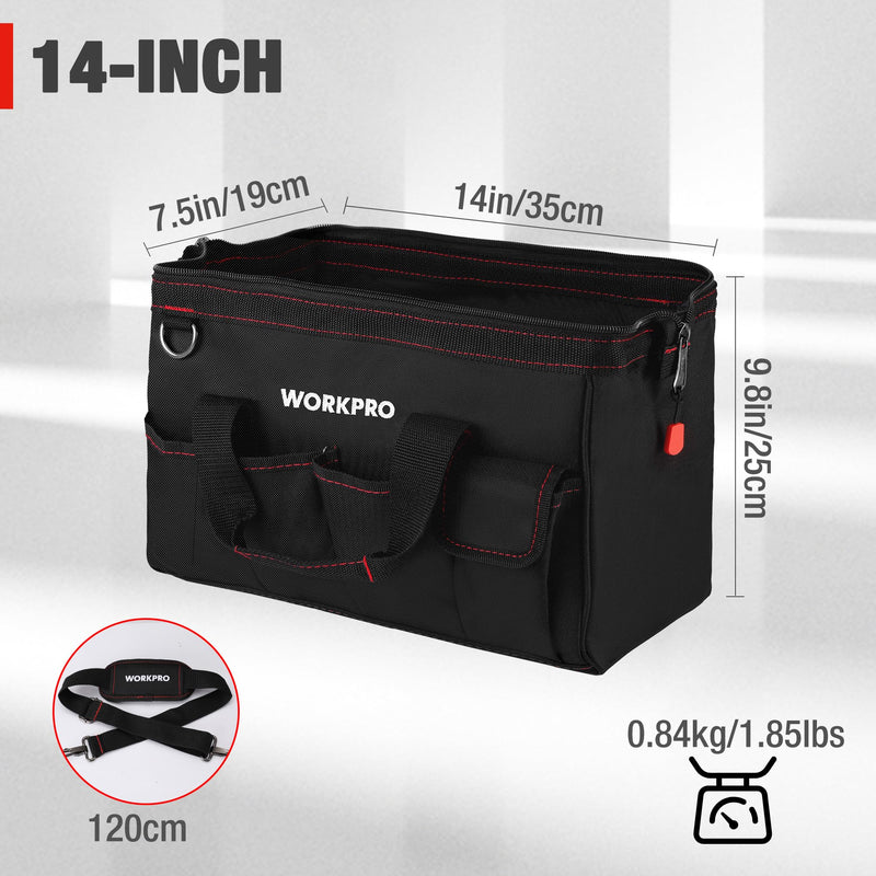 WORKPRO 14-inch Tool Bag, Multi-pocket Tool Organizer with Adjustable Shoulder Strap, W081021A , black Storage Tool Bag 14 inches