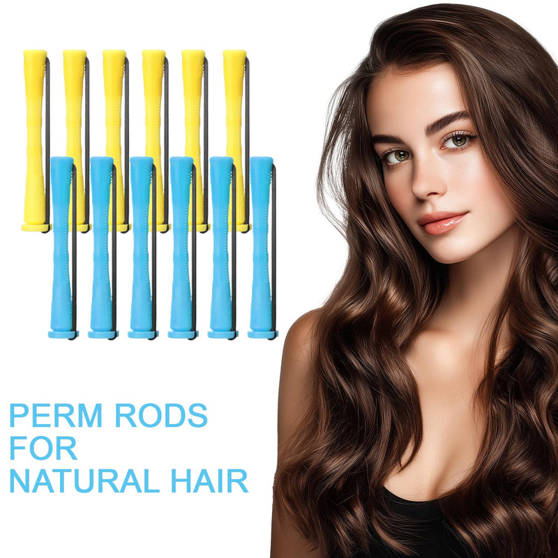 24 Pcs Perm Rods for Short Hair Perming Kit 0.35/0.27 Inch Perming Rods Perm Kit Perm Rollers Perm Curlers Hair Rollers with Steel Tail Comb for Long Short Hair Hairdressing Styling Tool Blue Yellow