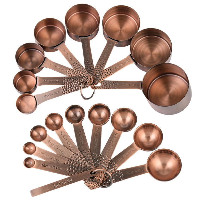 Copper Plated Measuring Cups and Spoons set 18 for Dry & Liquid, Metric & US Stainless Steel Measuring Cup and Spoon Set with Leveler for Baking & Kitchen Copper A: 8cups+9spoons