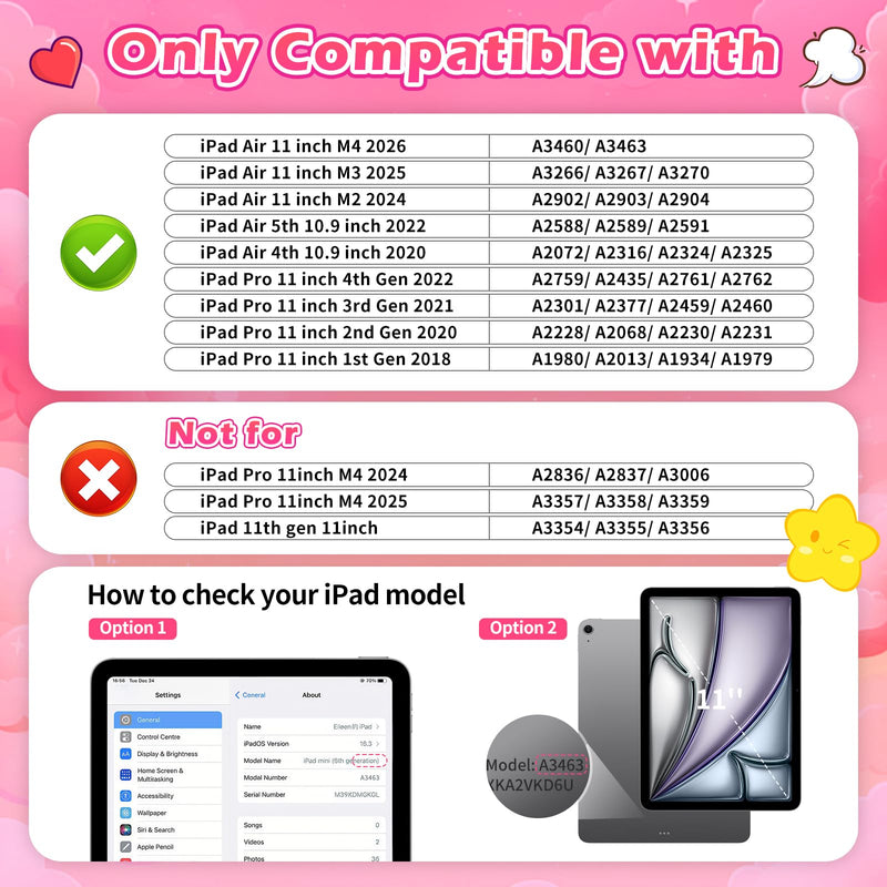 JAKPAK Kids Case for iPad Air 11-inch M4 M3 M2/Air 5th 4th Gen/Pro 11” | 360° Rotating Kickstand, Double Handle, Soft Silicone Shockproof Tablet Case, Cute Bow Heart iPad 11 Cover, Kids Friendly Hot Pink for iPad Air 11inch /Air 5th 4th