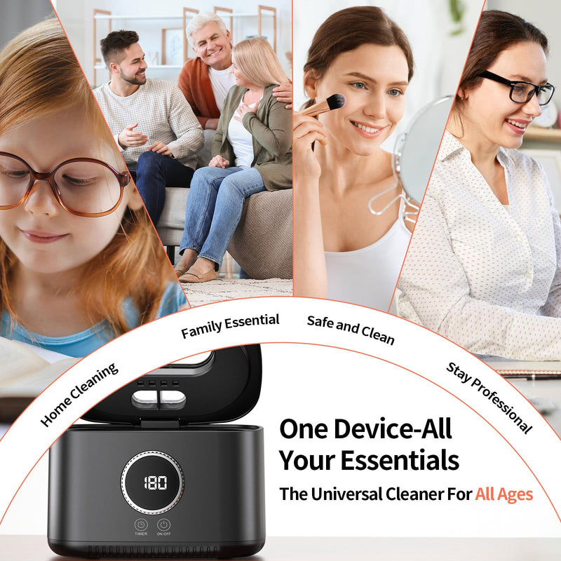 47kHz Ultrasonic Jewelry Cleaner Machine for Glasses, Eyeglasses, Rings | 600ml Stainless Steel Tank , Digital Timer, 5 Modes and UV Light for All Jewelry, Eyeglasses, Dentures, Retainers Light Black