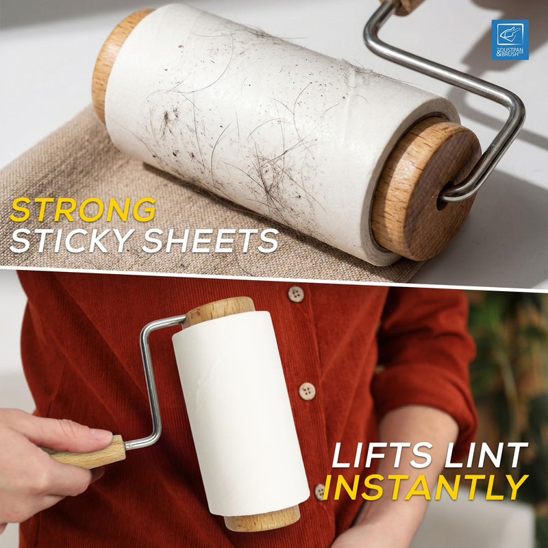 Wooden Lint Roller with 3 Reusable Hair Rollers Lint Remover for Cat and Dog Hair - Smooth Wooden Handle, More Sheets per Sticky Rolls, Perfect for Upholstery, Carpet, and Clothes