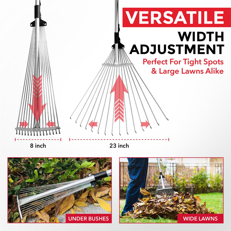 TABOR TOOLS Adjustable Metal Rake - Collapsible & Telescopic - Garden, Yard, & Lawn - Ideal for Leaves, Shrubs & Small Areas. J16A Black
