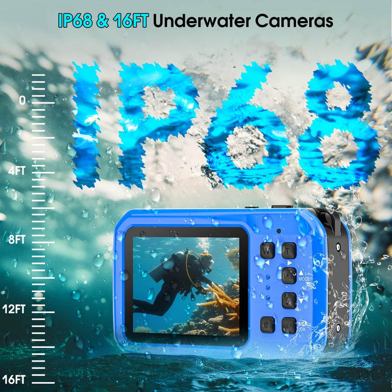 Portable 4K 64MP Snorkel Camera, 16FT IP68 Floating Waterproof Digital Camera Autofocus IPS Screen 16X Zoom, Equipped with 32GB Memory Card for Water Sports Travel Camping