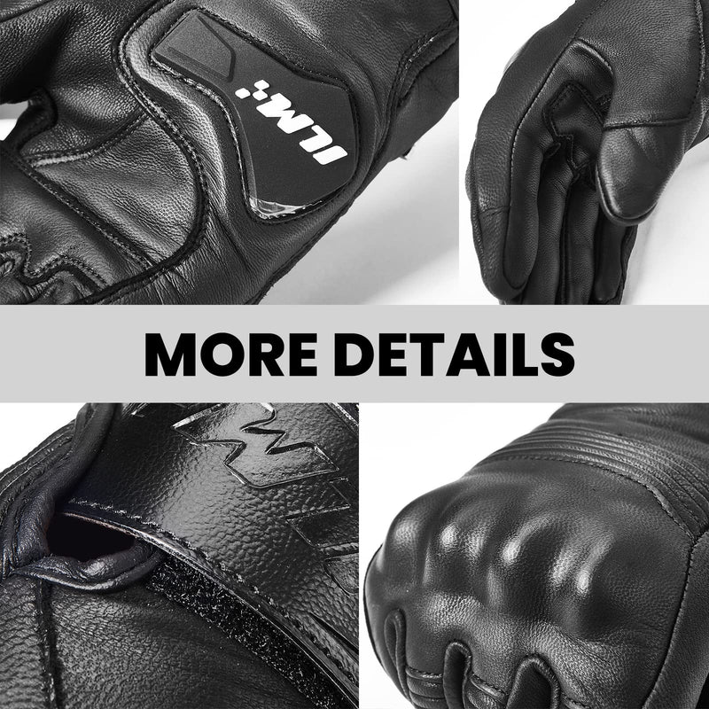 ILM Goatskin Leather Motorcycle Motorbike Powersports Racing Gloves Touchscreen for Men and Women Model DN01(L, Black Unperforated) Large
