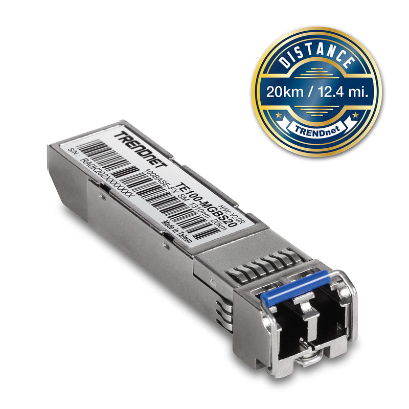 TRENDnet SFP to RJ45 100Base-FX Single-Mode LC Module, TE100-MGBS20, Up to 20 km (12.4 Miles), Standard SFP Compatible, Up to 155Mbps Speeds, Duplex-LC Fiber Compatible, 1310nm, Lifetime Protection