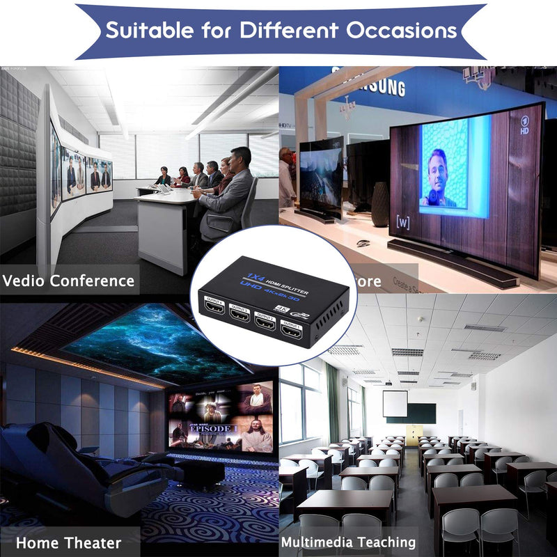 1x4 HDMI Splitter, 1 in 4 Out HDMI Splitter Audio Video Distributor Box Support 3D & 4K x 2K Compatible for HDTV, STB, DVD, PS3, Projector Etc