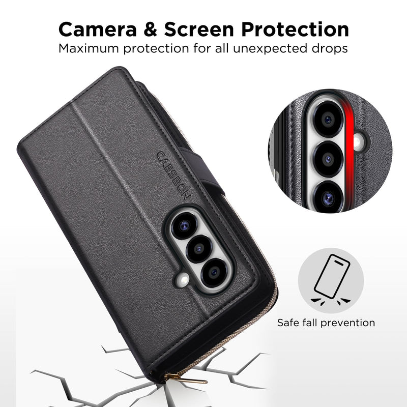 for Samsung Galaxy-Z-Fold-8-Ultra Wallet Case: with RFID Blocking Card Slots (9 Cards) | Soft PU Leather Magnetic Snap Zipper Pocket | Crossbody Wrist Strap Phone Cover - Black
