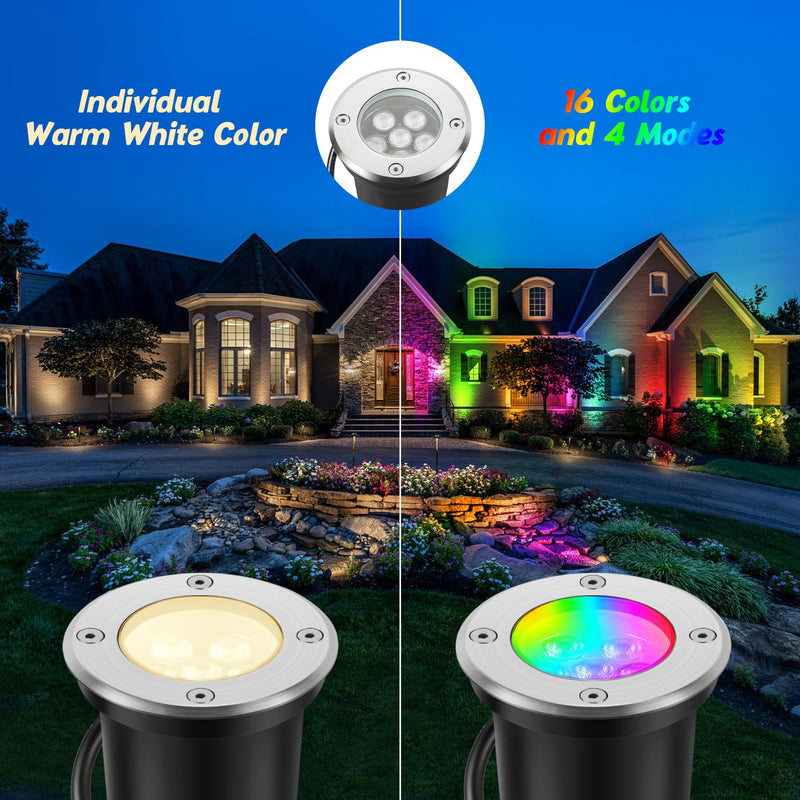 Junview Low Voltage Landscape Lights Halloween 10W RGBW Warm White LED Well Landscape Lighting Waterproof Outdoor 12V-24V Pathway Deck Ground Garden RGB Christmas Well Lights (2) 2