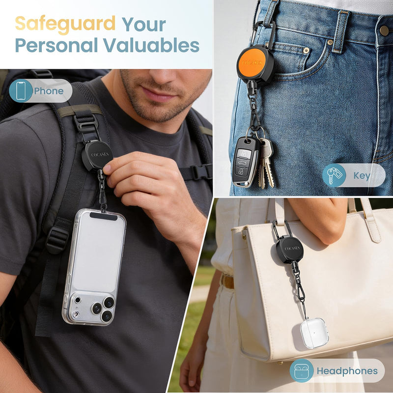 Anti-theft Phone Tether, Retractable Steel Line Phone Lanyard | Cell Phone Strap with Metal 360° Tether Tab and Carabiner for Outdoor Skiing Hiking Climbing Fishing Travelling, Black