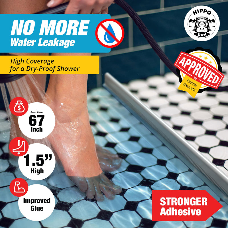 Shower Threshold Water Dam Barrier 67" - White Collapsible Shower Water Blocker - Shower Guard for Walk in Shower - Water Guard Stopper for Floor - Shower Dam - 1.5" Tall - By Hippo Dam 67 In