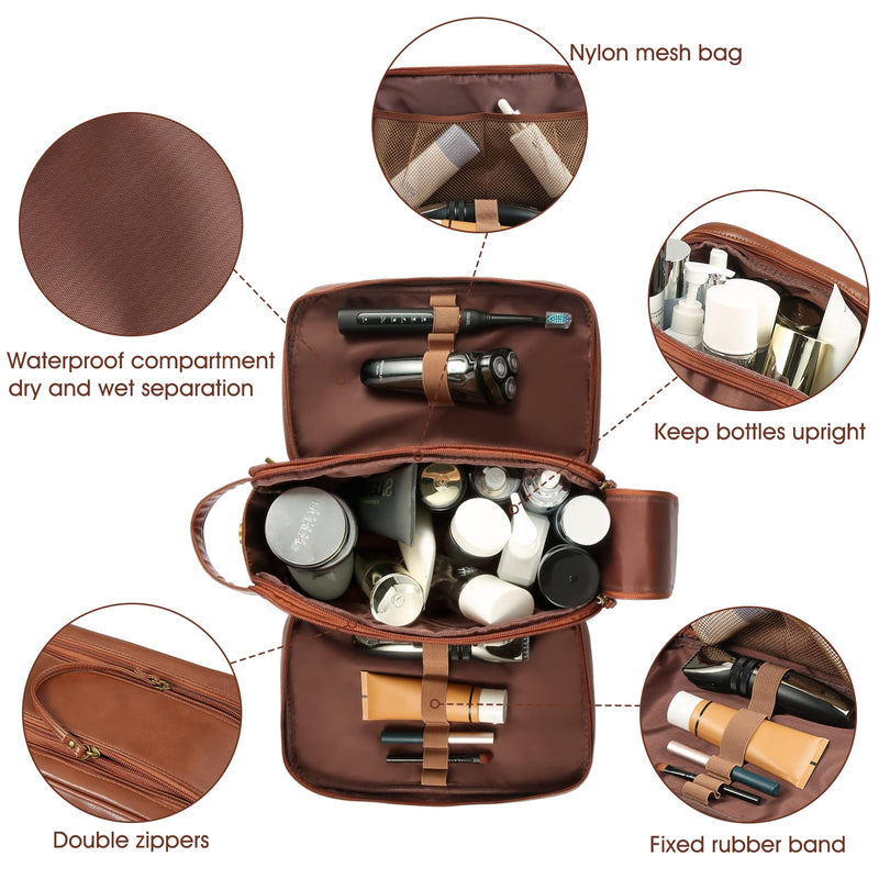 Personalized Leather Travel Toiletry Bag for Men, Large Travel Bathroom Shaving Dopp Kit, Large Cosmetic Bag Waterproof Brown