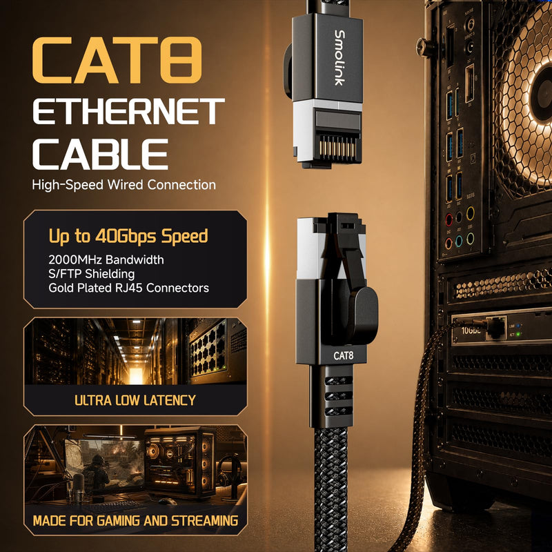 Smolink Cat 8 Ethernet Cable - 100ft 40Gbps 2000MHz RJ45 LAN Network Patch Cord, Nylon Braided High Speed Internet Cable, Heavy Duty Shielded SFTP Cable for Router Modem Gaming PC PS5 Xbox Black