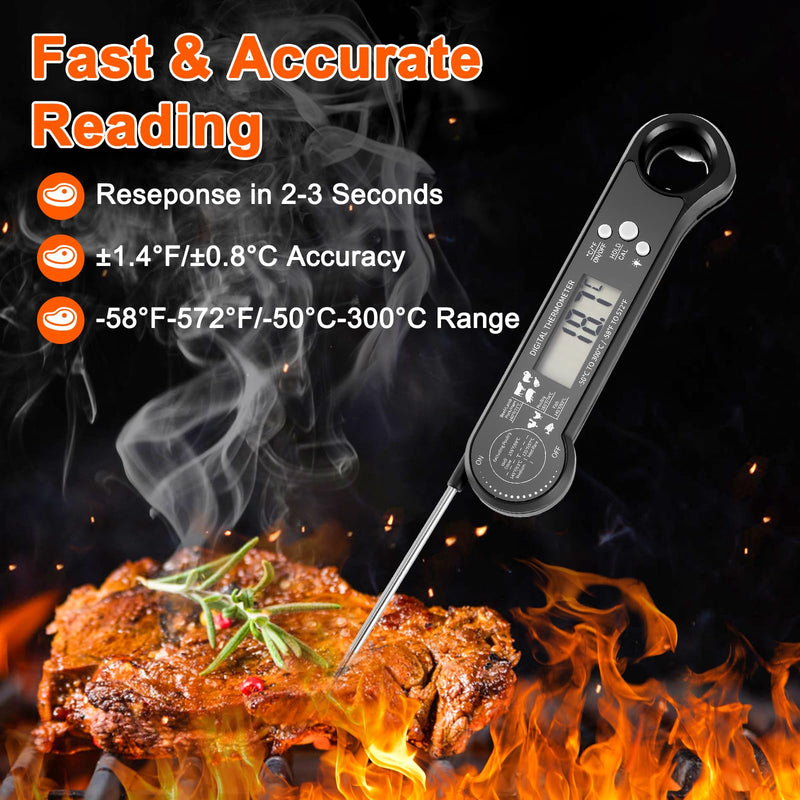 Meat Thermometer Digital - Food Thermometer with Bottle Opener for Cooking, Instant Read with Backlight & Calibration, Convenient for Grilling, Cooking, BBQ, Kitchen Use, Compact & Easy Storage Black