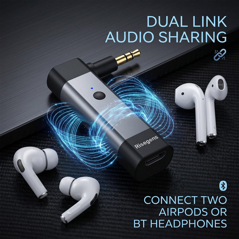 Bluetooth 6.0 Transmitter and Receiver Set, Aluminum Wireless Audio Adapter with Qualcomm aptX HD & Low Latency & Dual Link, 3.5mm AUX Jack for Airplane, TV, Car, Gym, Airpods, Headphones