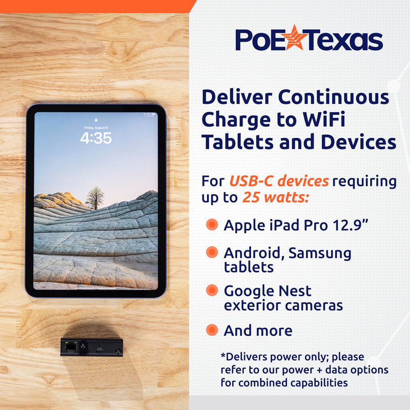 PoE Texas PoE+ to USB-C Splitter - PoE+ Splitter USB-C 25W Power Delivery for iPad, Tablet, Google Nest Cam - Convert PoE to 5V, 9V, 12V, 15V or 20V 30w Power Only