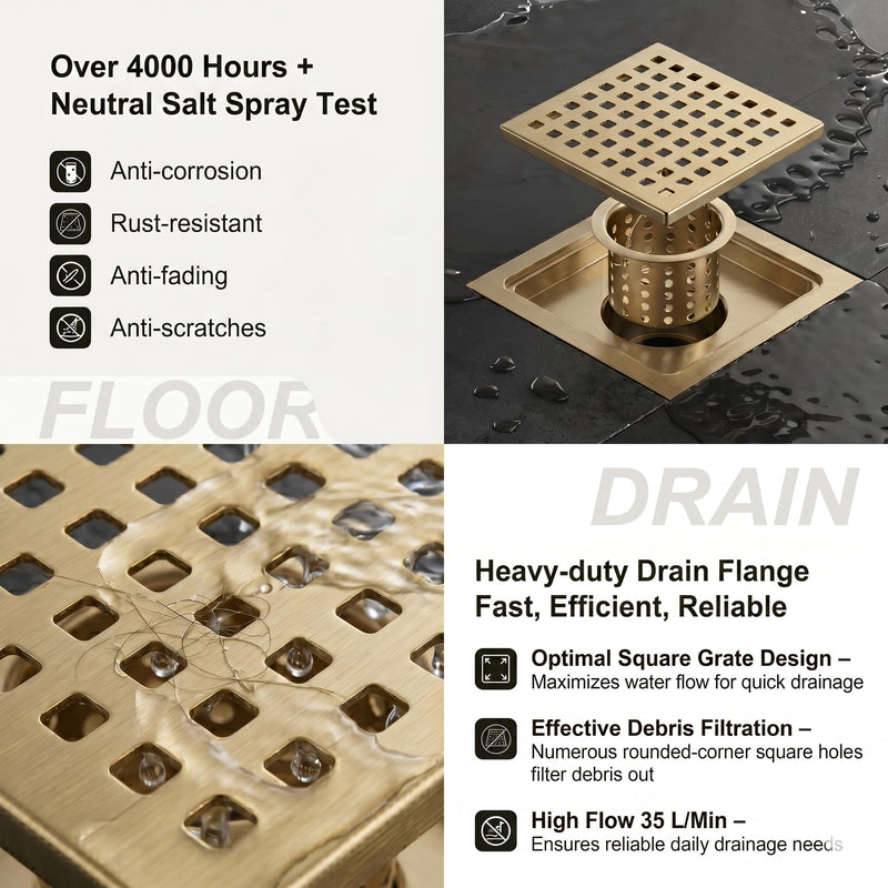 6 Inch Tile-in Champagne Bronze Shower Drain - Square Shower Floor Drain Kit Fit 2" or 3" Pipe - 304 Stainless Steel with Hair Carcher and ABS Flange - Compatible with Delta Champagne Bronze