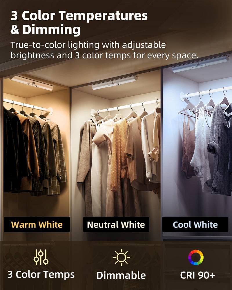 EZVALO 15in Closet Lights with Rotatable Motion Sensor, Rechargeable Under Cabinet Lighting, No-Glare Curved Design, 3 Color Temps & Dimmable LED Lights for Pantry, Wardrobe, Shelf 2Pack 15inch