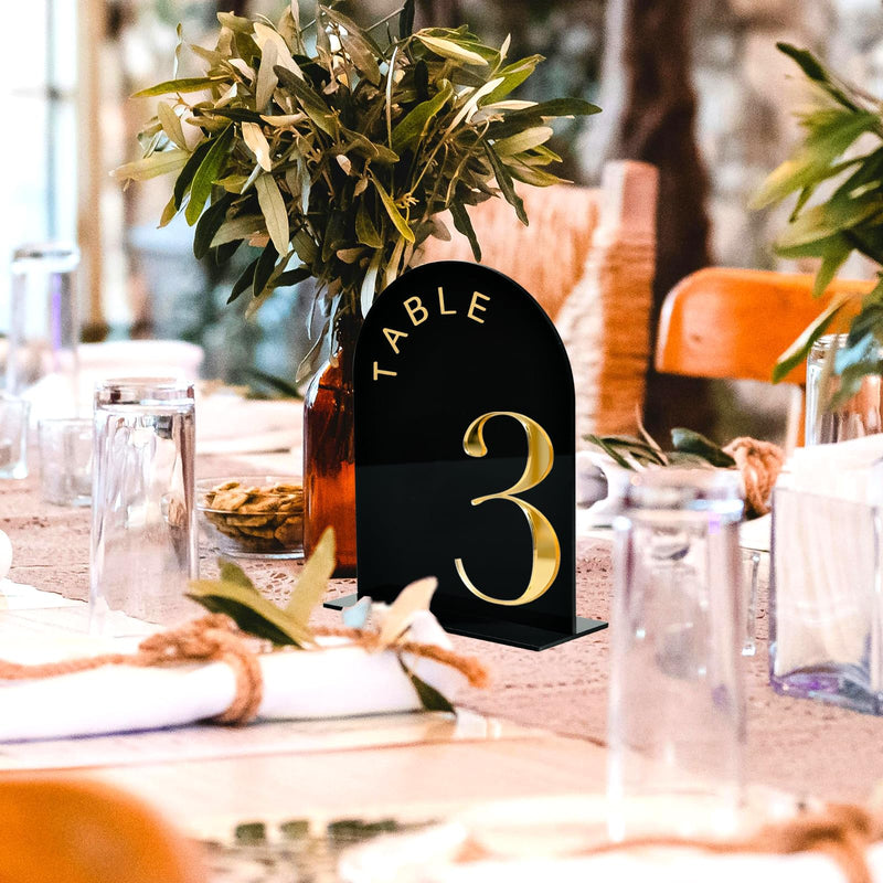 Black Arch Wedding Table Numbers 1-15 with Stand, 15 Pack 5x7 Inch Black Arch Acrylic Sign with Gold Number, Black and Gold Acrylic Table Numbers for Wedding Reception(Black and Gold) Table Number 1-15, 5"x7"