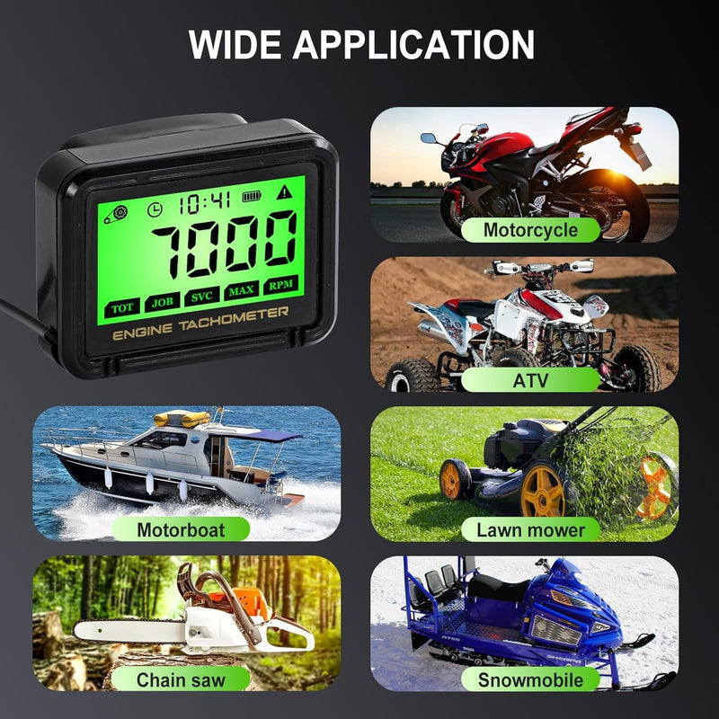 Digital Tachometer, Tach Hour Meter, Small Engine Tachometer with RPM Alarm, Clock, Battery and Memory Function, Auto Sleep and Reset, for Snowmobile Skis Motor Bike Go Kart Lawn Mower