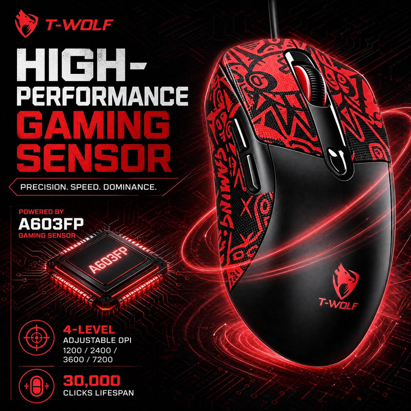 Wired Gaming Mouse, 7200 Adjustable DPI, 6 programmable Buttons, 3 Million-Click lifespan, 1.5-Meter Braided Cable, red Non-Slip Grip pad—for PC Gaming and Office use