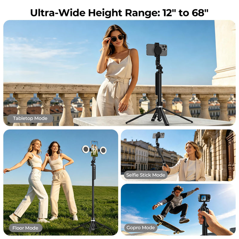 Content Creator Essentials Vlogging Kit, Magnetic Tripod & 2 Lights 2 Mics | 68" Magnetic Tripod for iPhone MagSafe/Android with Remote & 2 in 1 Magnetic Holder for Video Recording/Travel/Vlogging