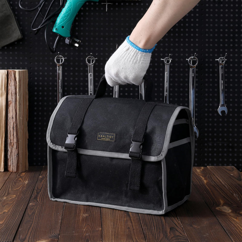 Tool Organizer Bag | 1 Large Pocket Storage Pouch & 2 Side Pockets & Canvas Handle, Heavy Duty 16oz Waxed Canvas Tote Bag, Reusable Tool Carrier for Hand Tools - 11.5"L x 6"W x 7.5"H - Black