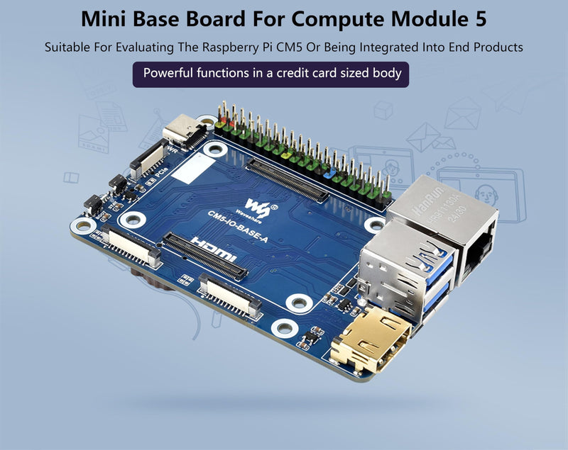 Mini Base Board Compatible with Raspberry Pi Compute Module 5, Compact Design with Multiple Connectors-2x USB3.2 Gen1, 2xUSB2.0, Color-Coded 40PIN GPIO Header,HDMI,MIPI, PCIe Interfaces,etc.