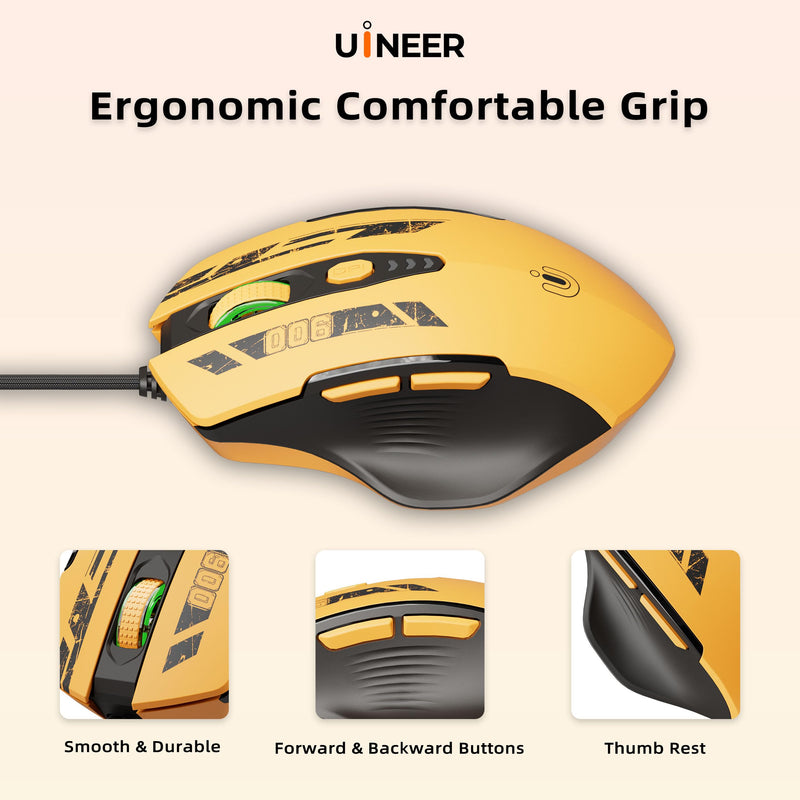 Uineer Wired Gaming Mouse, USB-A Mouse with 6 Programmable Buttons | Adjustable DPI up to 7200 ,RGB Lighting, ,Ergonomic Grip, Plug and Play for PC Gaming, Office, Laptop