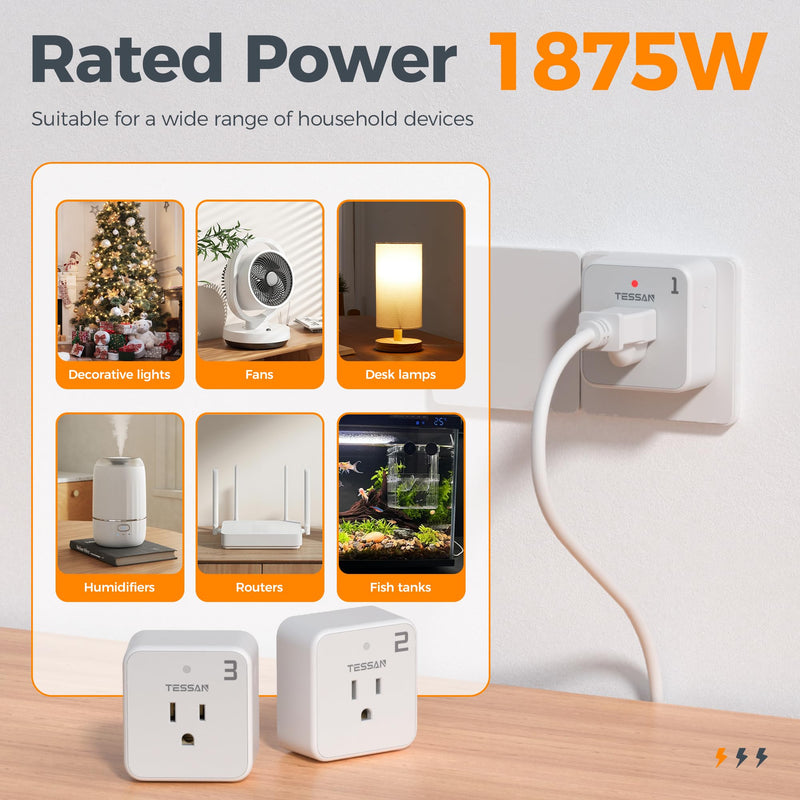 Remote Control Outlet Plug, TESSAN Wireless Light Switch Kit Indoor for String Lights, Lamps, Home Small Appliances, Wireless Power Socket 100ft RF Range, 15A/1875W (1 Remote and 3 Outlets) Grey-1 remote+3 outlet
