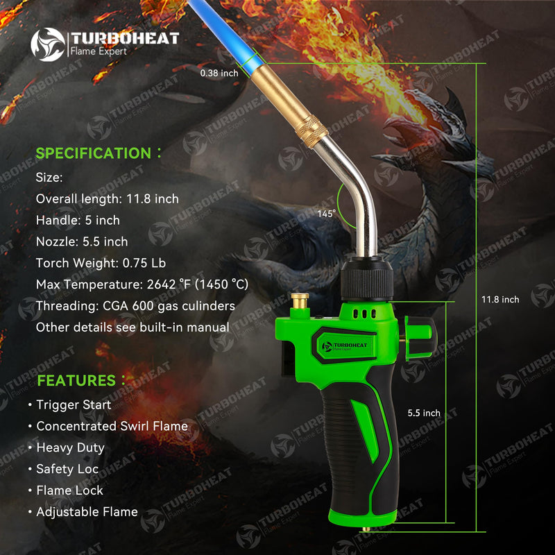 High-Intensity Turbo Torch Head with Auto-Igniter - for Propane/MAPP Gas (Cylinder Not Included) - with Rubber Grip for Soldering, Brazing, Welding Torch Only