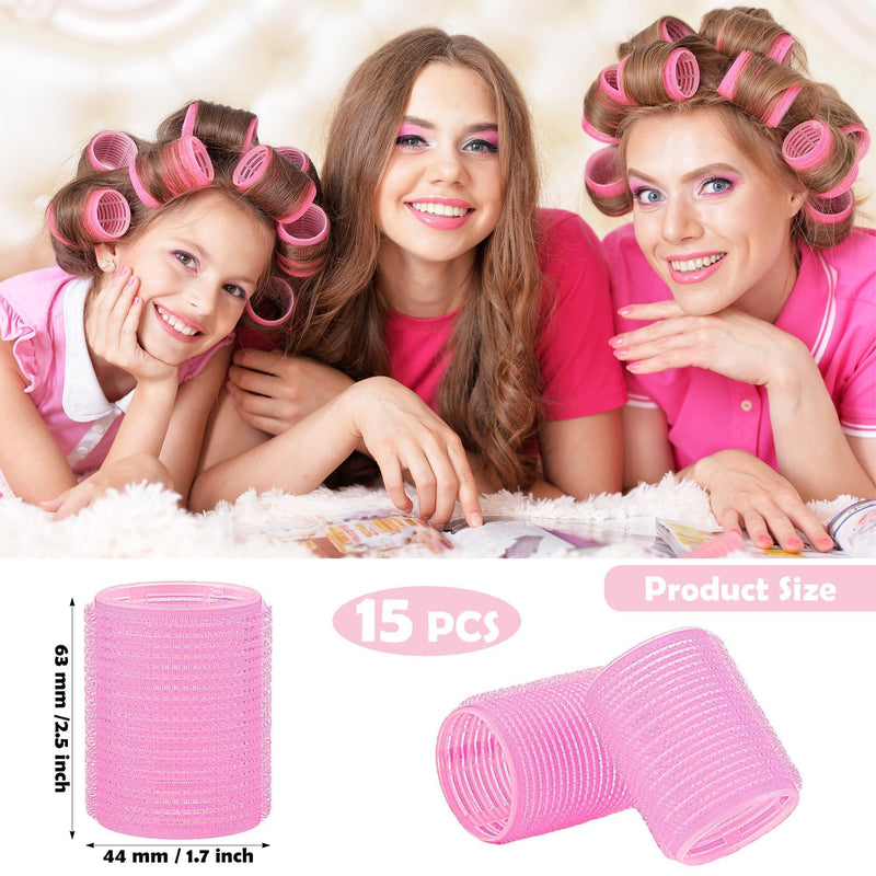 15 Self Grip Hair Rollers Self Holding Pink Rollers Gripping Sticky Rollers Salon DIY Hairdressing Curlers Hair Curling Tools for Men Women Long Medium Short Hair(44MM)