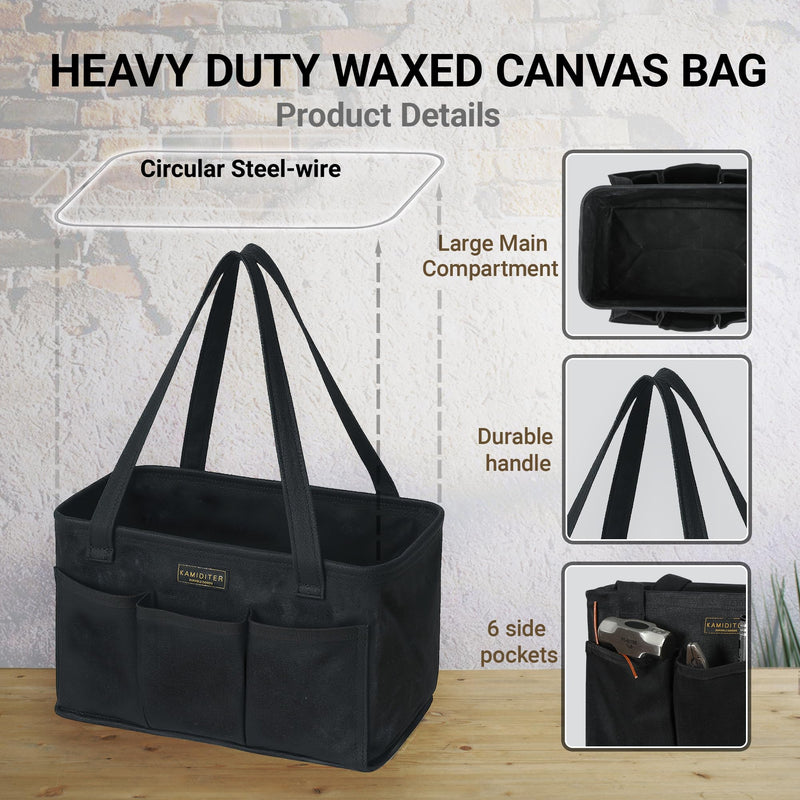 Tool Pouch, Heavy Duty 16oz Waxed Canvas Tool Bag, Rectangle Foldable Open Top Tool Bags with Handles, 7 Pockets | 13.5 x 7.8 x 7.8 Inches Black 13.5 Inch