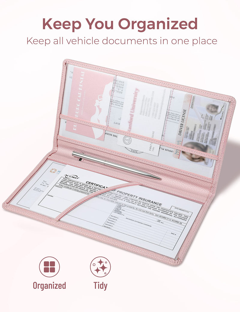 Yarnic Car Registration and Insurance Holder, Pu Leather Car Registration and Insurance Card Holder Car Document Holder for Cards, Essential Document, Driver License (Pink) Pink