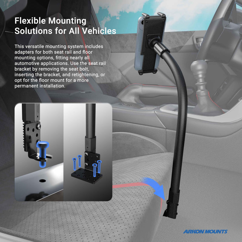 Arkon Mounts - Car Seat Rail Phone or Tablet Mount | Flexible Positioning | 22" Gooseneck | 360° Adjustability | Tablet Holder fits iPhone, Galaxy, Note and more | Up to 8" Screen Size
