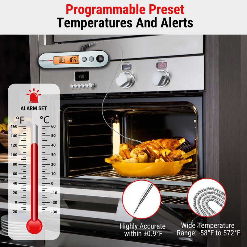 ThermoPro TP610 Digital Meat Thermometer for Cooking, Rechargeable Instant Read Food Thermometer with Rotating LCD Screen, Waterproof Cooking Thermometer with Alarm for Grilling, Smoker, BBQ, Oven Silver