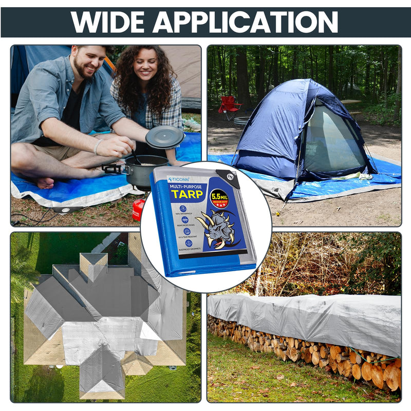 TICONN Heavy Duty Tarp Cover, Extra Thick Tarps Waterproof Tear and Rip Proof UV Resistant Tarpaulin with Reinforced Grommets and Edges (5.5 Mil, 6'x8') 6'x8' Blue-5.5 Mil