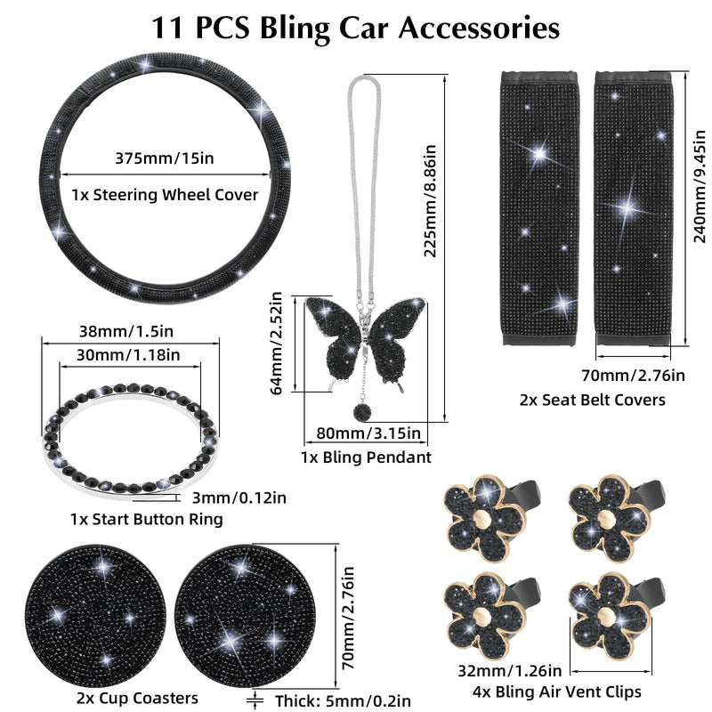 ARTILAURA 11 PCS Bling Car Accessories Set for Women Steering Wheel Covers Butterfly Hanging Seat Belt Cover Air Vent Clips Coasters Cute Glitter Diamond AUTO Accessories Kit (Black) Black
