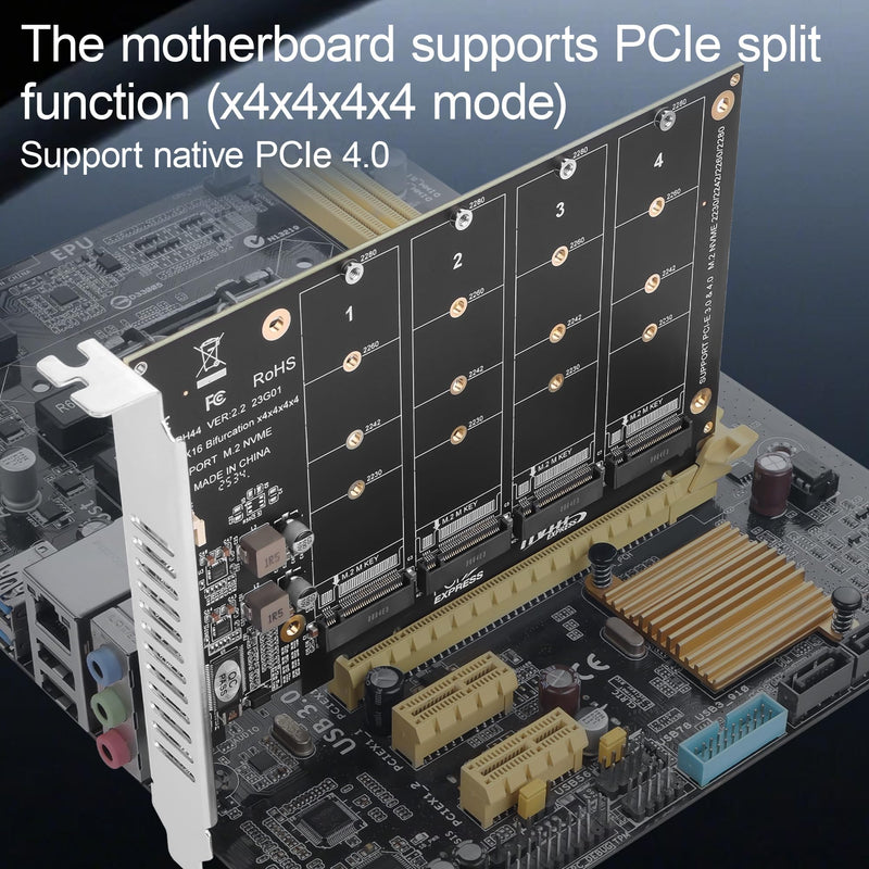 PCIe 4.0 x16 to 4 Port M.2 NVMe SSD Adapter Card, PCIe Bifurcation RAID Controller, 4x 64Gbps Full Speed, Supports 4x NVMe SSD with Individual LED Activity Lights & Soft RAID for Windows 10/11
