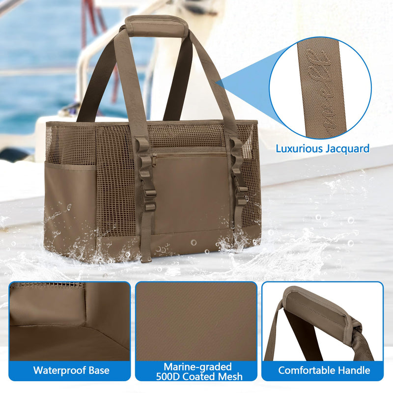Yarwo Boat Gear Tote Bag, 35.5L Waterproof Boat Accessories Organizer with Marine-grade Coated Mesh and Wet Dry Pockets Brown