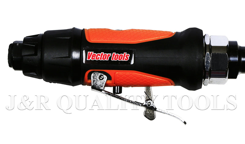 Vector Tools 5" Pneumatic Power Die Grinder, 25000 RPM, 90psi, 1/4" Inlet, Includes 1/8" & 1/4" Collets, Ergonomic Handle, Black, Orange