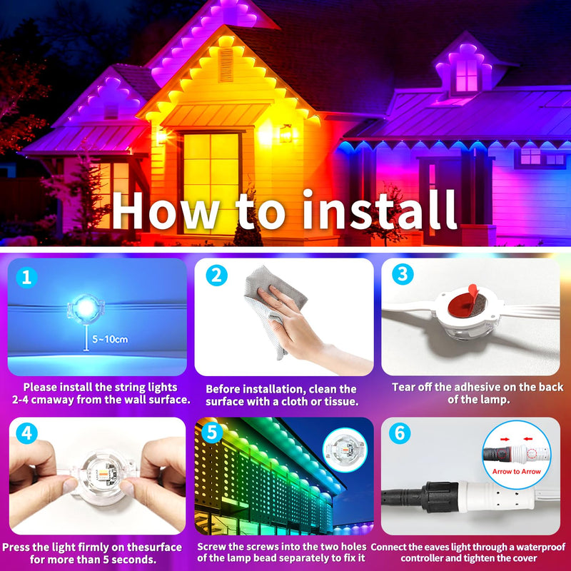 60ft Permanent Outdoor Light, RGB Outdoor eave Lights with APP & Remote Control,Music synchronisation IP67 Waterproof LED eave Light,Suitable for Party, Daily,Halloween,Christmas,Rooftop,Garden,Patio 60FT