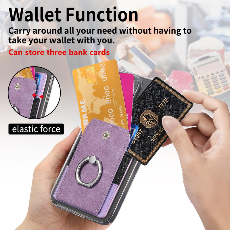 Cell Phone Card Holder with Ring Grip,Adhesive Phone Card Wallet,Purple | Holds up to 3 cards;360° ring works as grip and kickstand,Can be used on most phones or phone cases larger than 5.8 inches. Purple