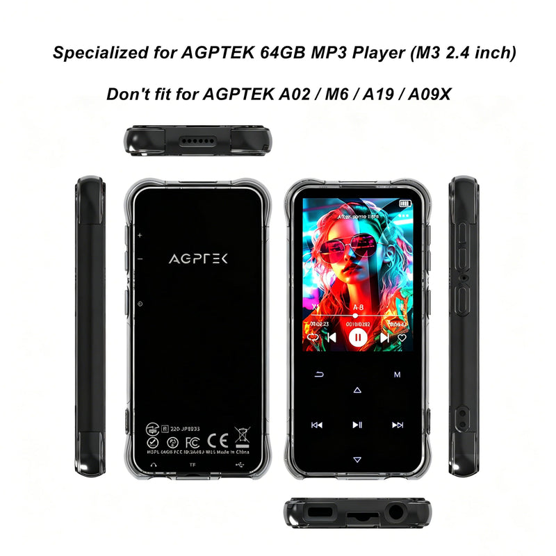 for AGPTEK 64GB M3 2.4 inch MP3 Player Case Clear Black | Protect Against Drop, Lightweight Flexible but Durable, Anti-Slip Shockproof Protective Cover